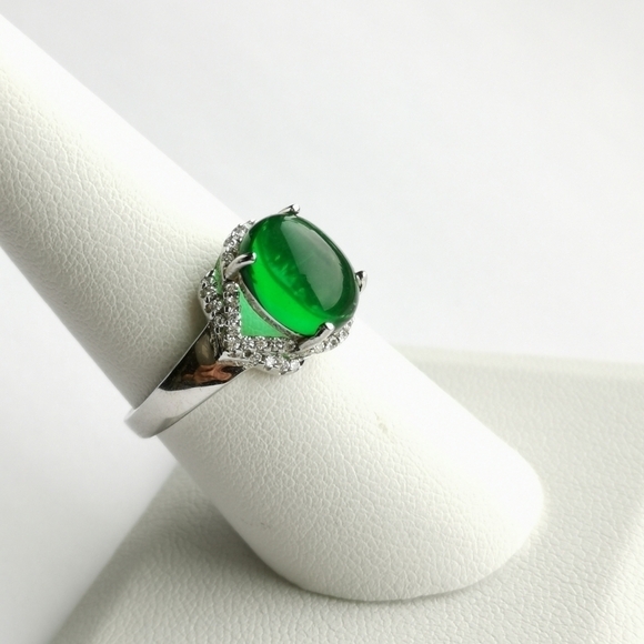Nwt Cabochon Green Onyx White sapphire ring size 8 in Sterling Silver - Picture 2 of 10